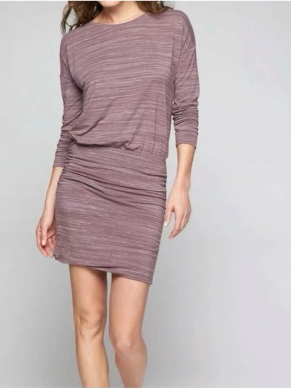 Athleta Mauve Heathered Long-Sleeve Ruched Mini Dress